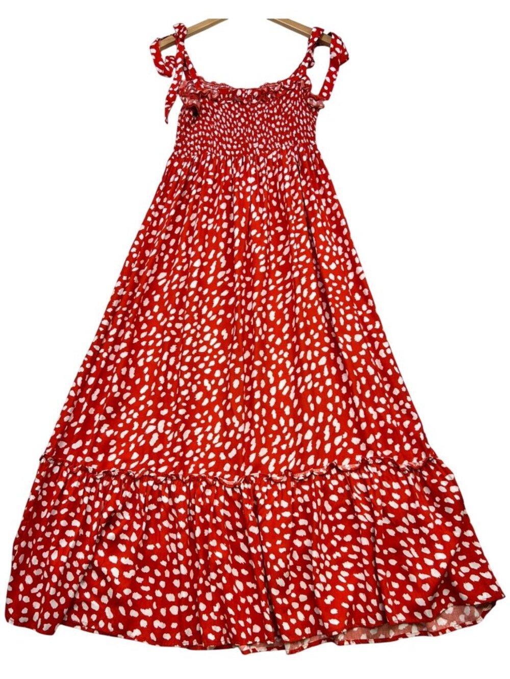 Women's Smocked Country Maxi Dress Sleeveless Size L 12/14 Red White Polka Dot